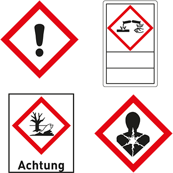 Gefahrstoffetiketten und GHS Symbole mit Signalwort oder Beschriftungsfeld