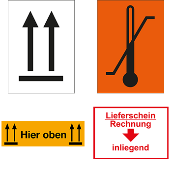 Versandgut und Verpackungsetiketten mit Symbolen oder Hinweisen